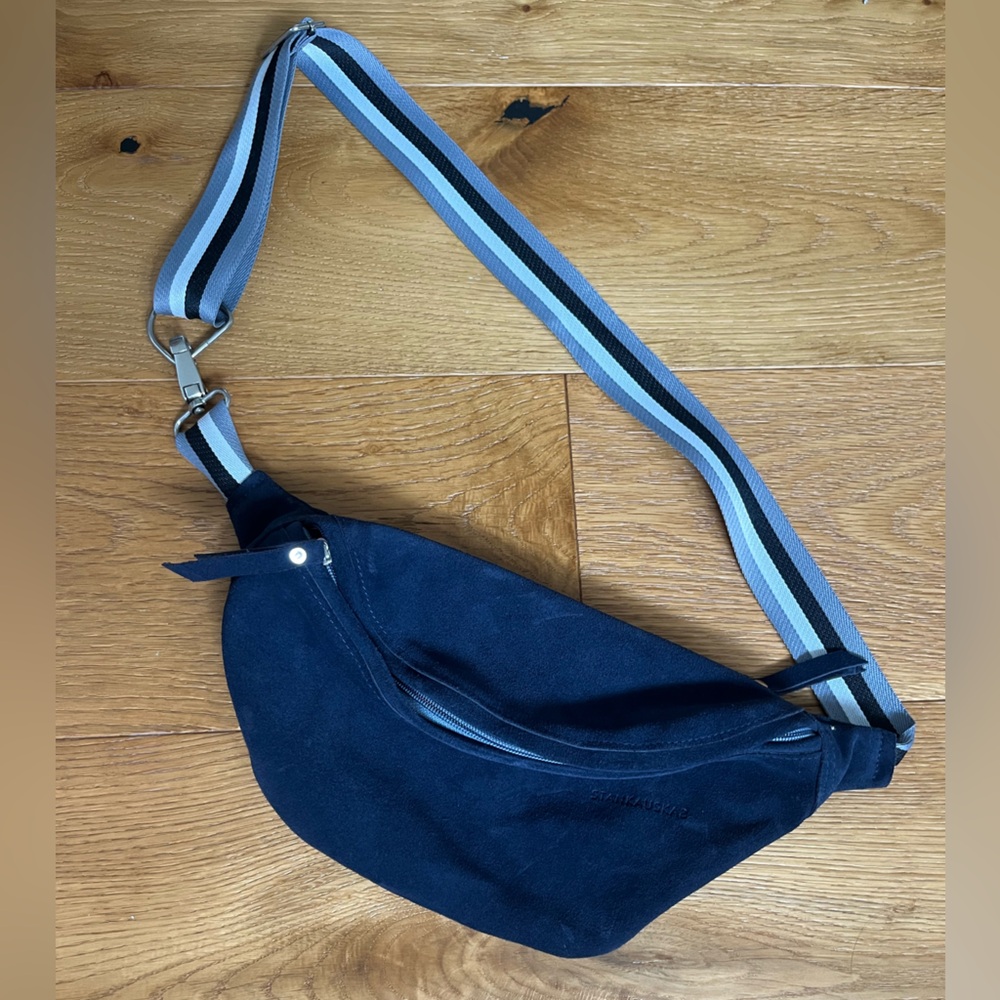 Blue and Black Suede Belt Bag with Sporty Stripes